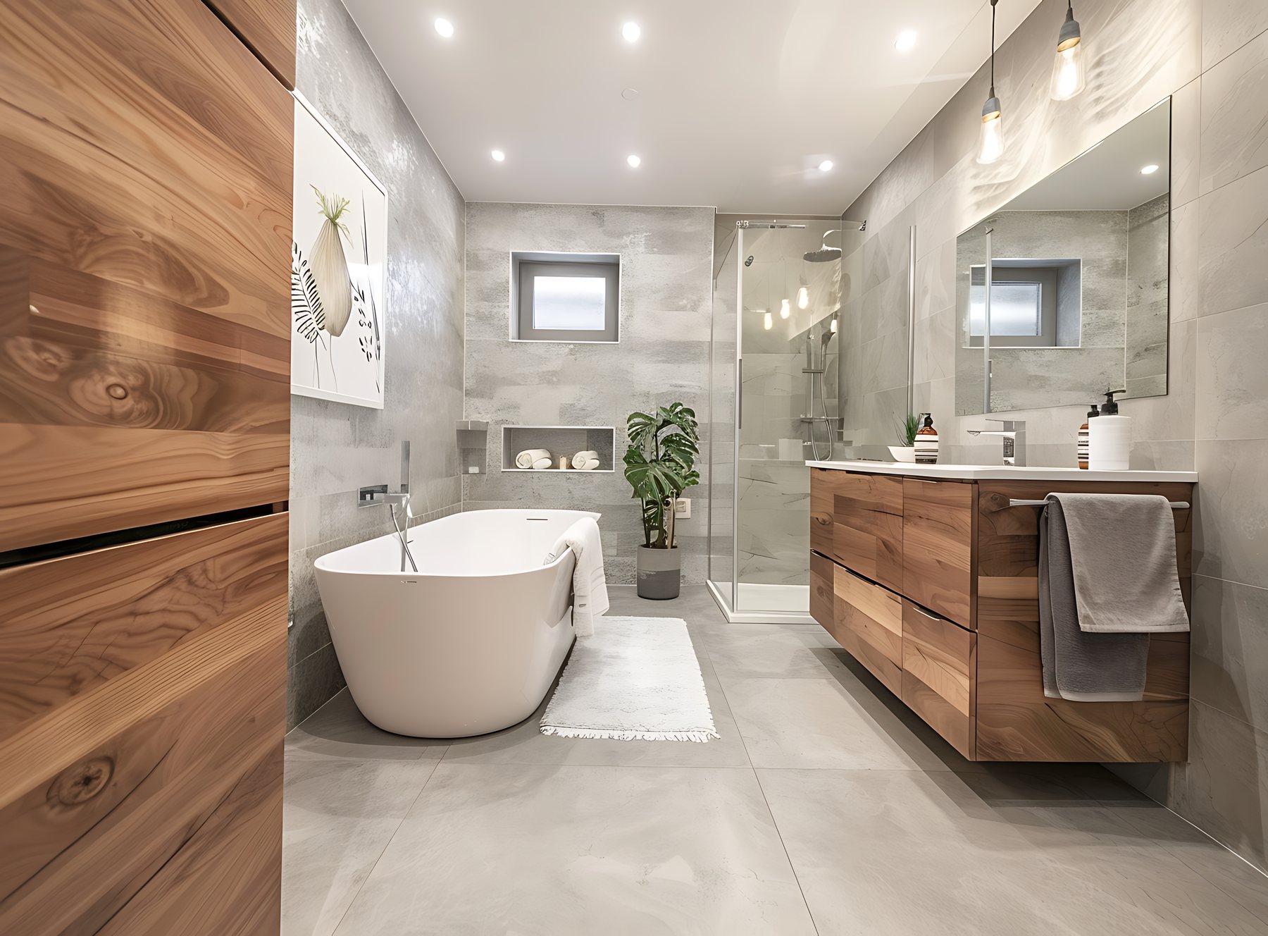 Modernes Badezimmer mit grauen Fliesen und freistehender Badewanne